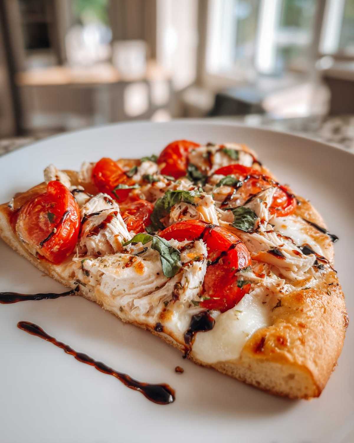 A close-up of a slice of chicken caprese flatbread topped with shredded chicken, mozzarella, tomatoes, and balsamic glaze.