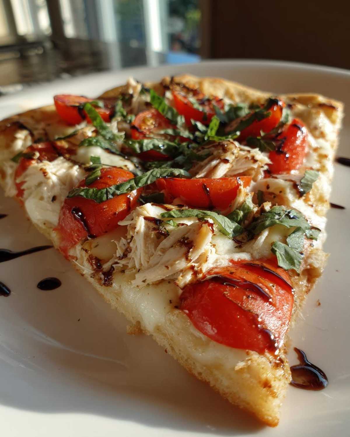 Close-up of a slice of chicken caprese flatbread topped with mozzarella, tomatoes, basil, and balsamic glaze.