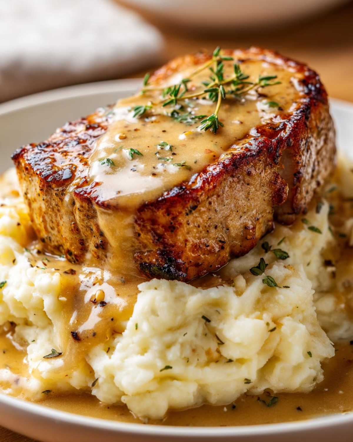 Close-up of a seared chicken breast topped with rich chicken and garlic gravy, served over fluffy cheesy mashed potatoes.