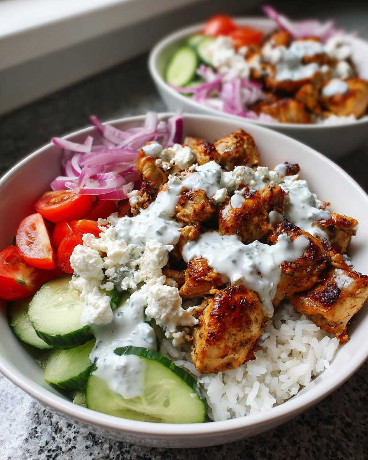 A close-up of one of the chicken gyro bowls featuring seasoned chicken, rice, cucumbers, tomatoes, red onion, feta, and tzatziki sauce.