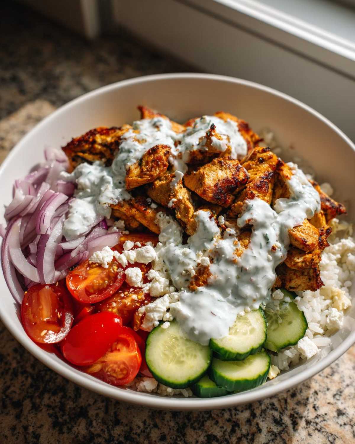 A close-up of a vibrant chicken gyro bowls featuring seasoned chicken, rice, cucumbers, tomatoes, red onion, feta, and tzatziki.