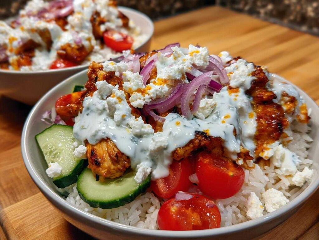A close-up of a delicious chicken gyro bowls featuring seasoned chicken, rice, cucumbers, tomatoes, red onion, feta, and tzatziki sauce.