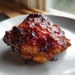 Close-up of a perfectly cooked chipotle honey chicken thigh with a thick, caramelized, glossy glaze.