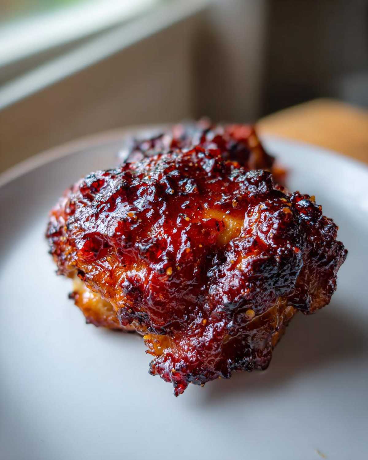 Close-up of a perfectly glazed chipotle honey chicken thighs piece with a dark, sticky, caramelized coating.