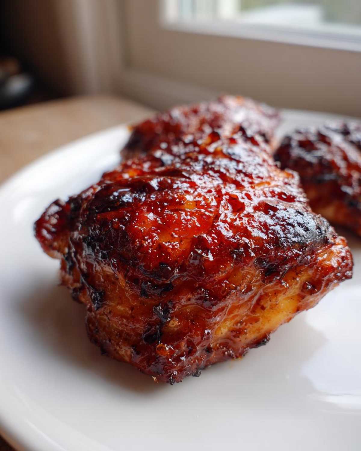 Close-up of a perfectly glazed, caramelized chipotle honey chicken thighs piece on a white plate.
