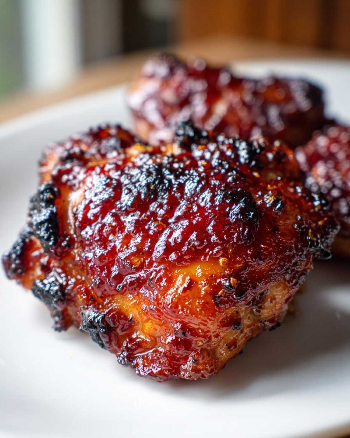 Close-up of a perfectly glazed, slightly charred chipotle honey chicken thighs piece on a white plate.