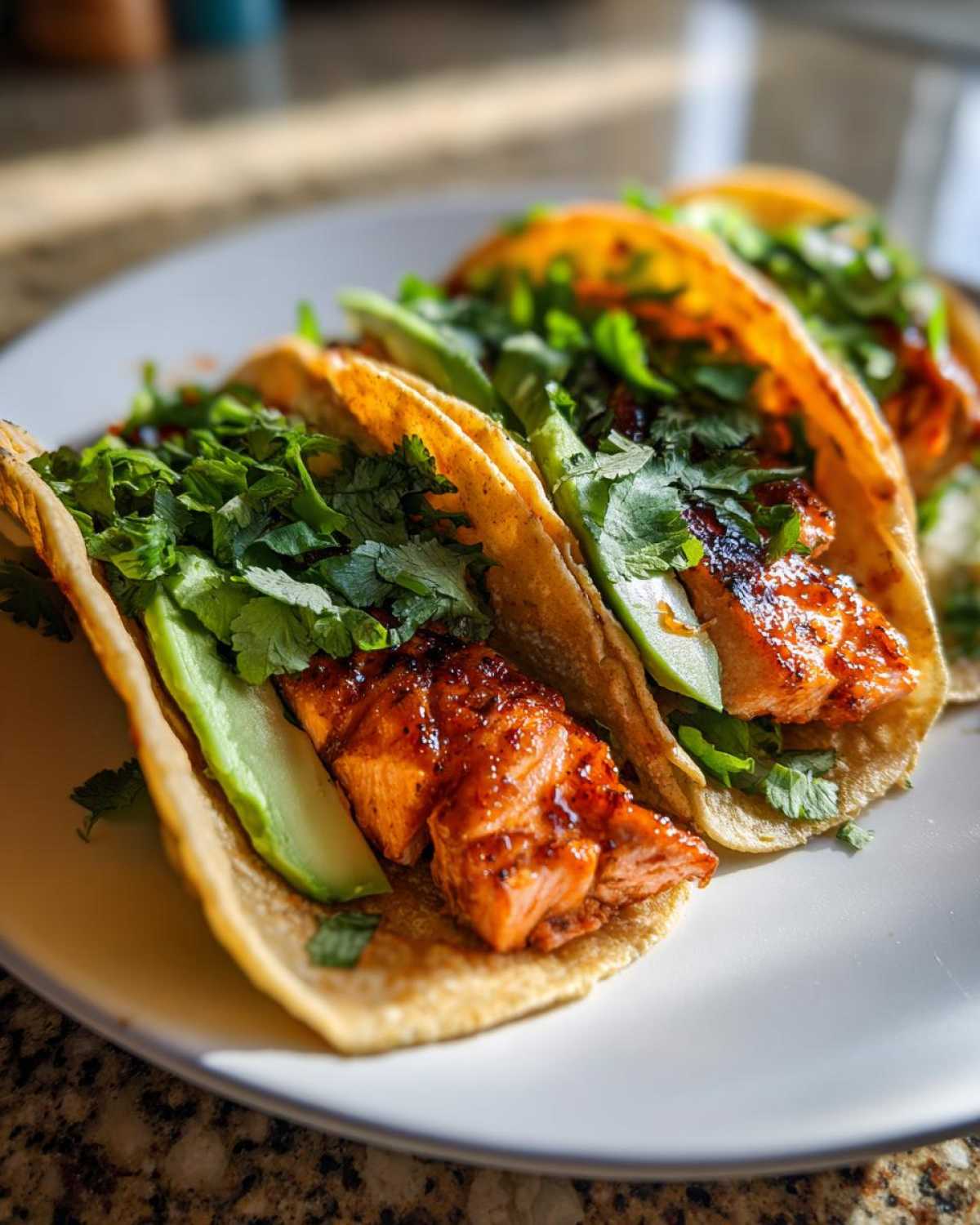Three chipotle honey salmon tacos filled with glazed salmon, avocado slices, and fresh cilantro on a white plate.