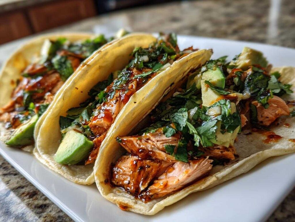 Three delicious chipotle honey salmon tacos filled with flaky salmon, avocado slices, and fresh cilantro, drizzled with sauce.