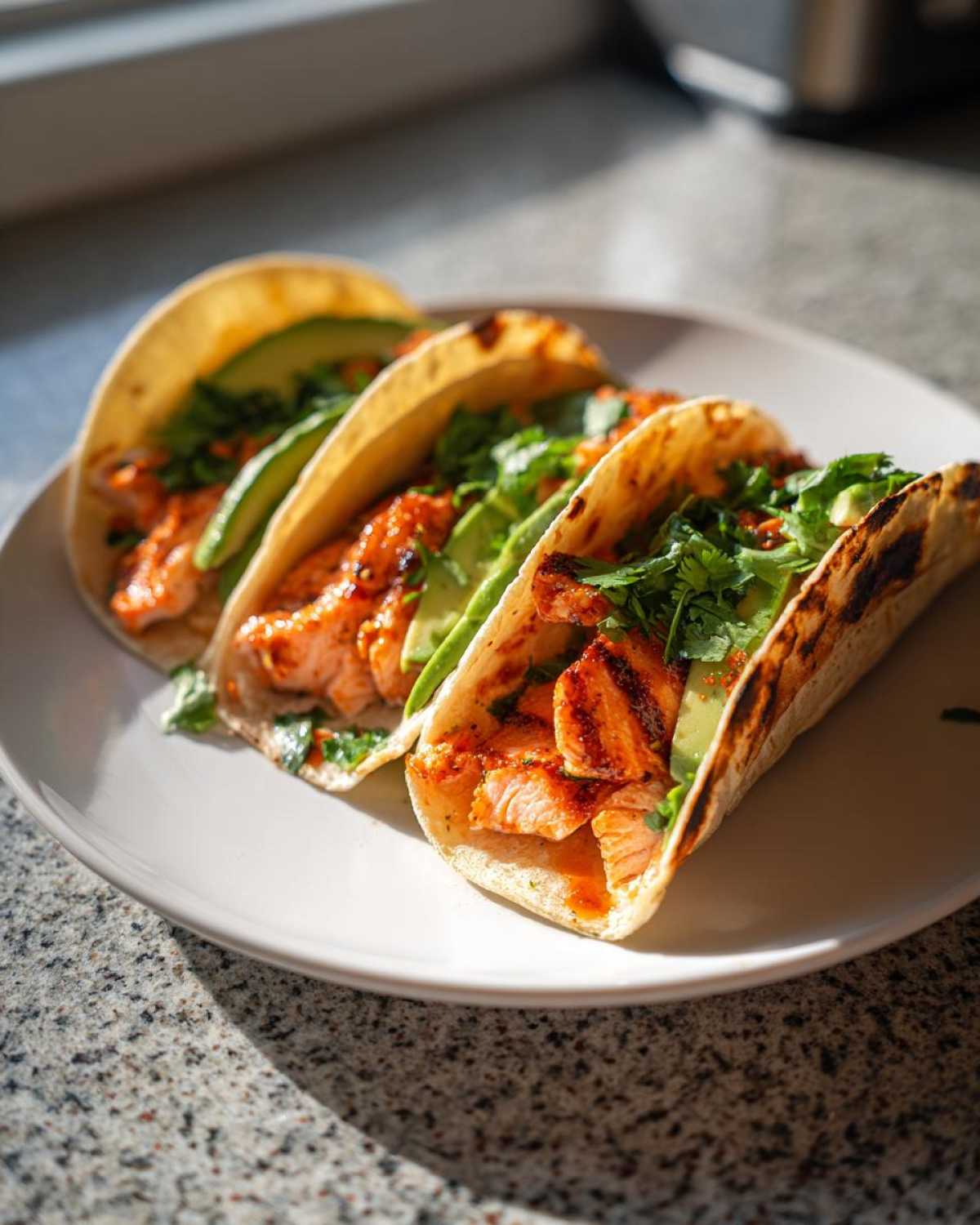 Three grilled tortillas filled with flaky salmon, avocado slices, and cilantro, ready to eat chipotle honey salmon tacos.