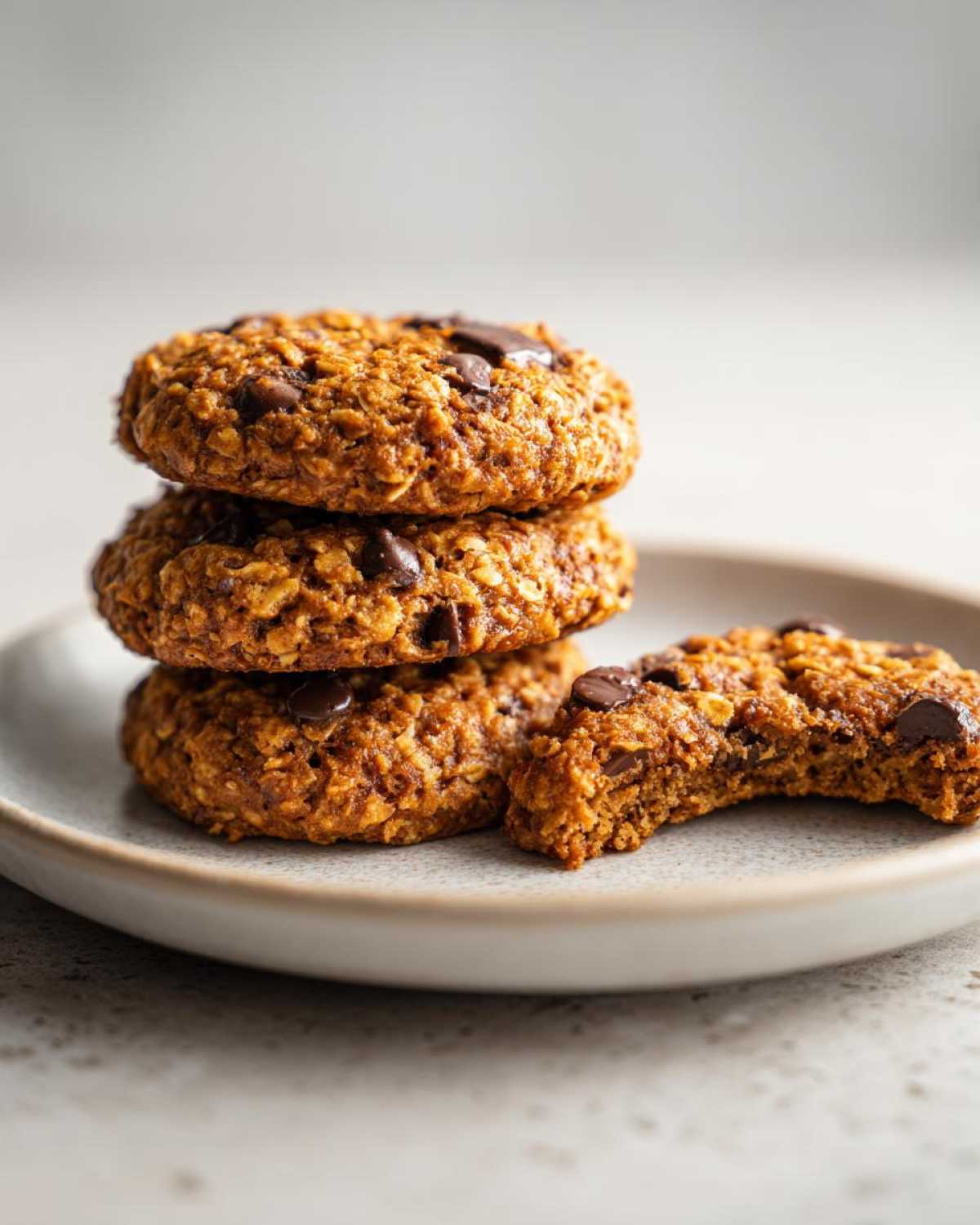Three stacked chocolate chip breakfast cookies with one cookie broken in half on a light gray plate.