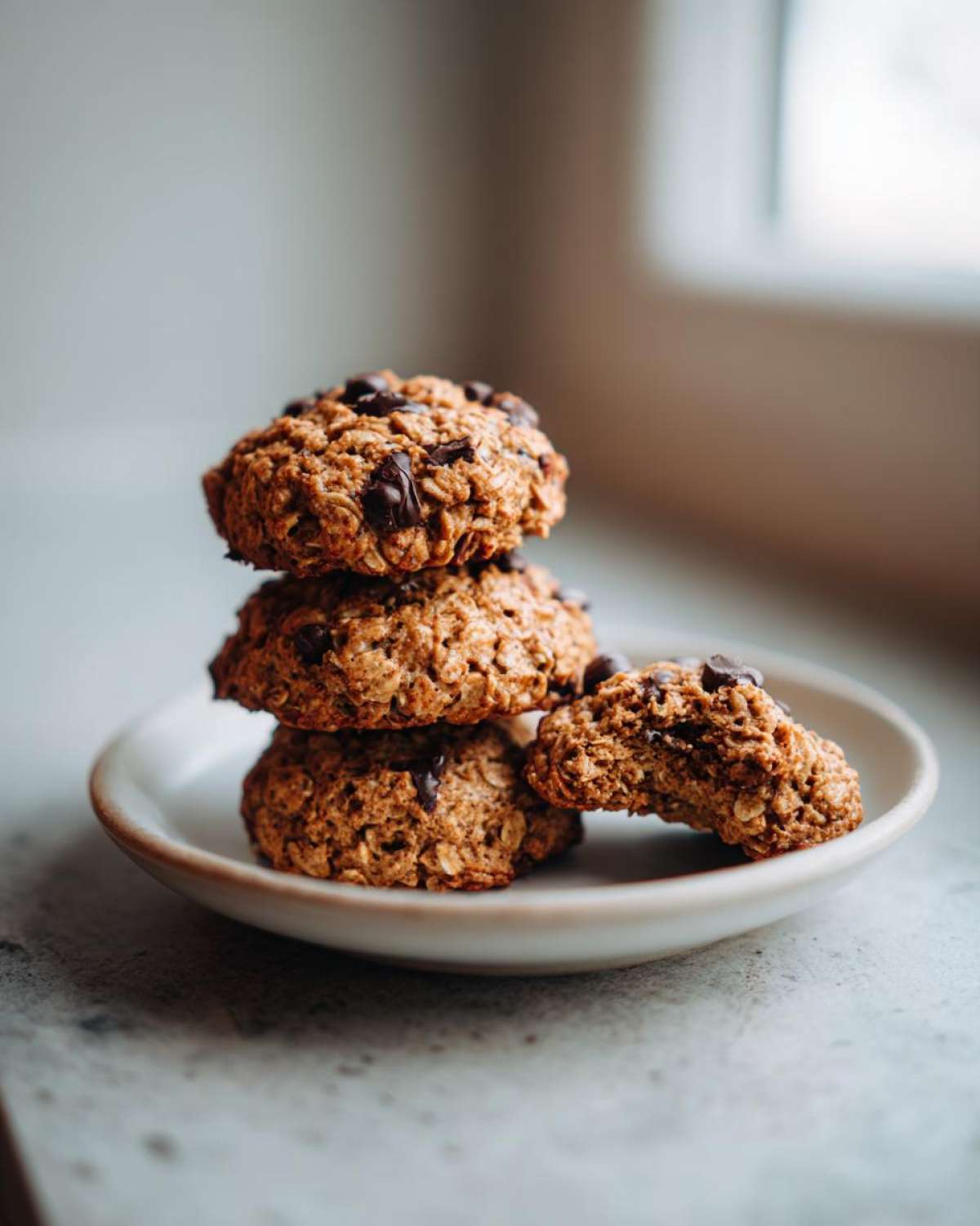 A stack of three hearty chocolate chip breakfast cookie with one broken piece resting on a small ceramic plate.