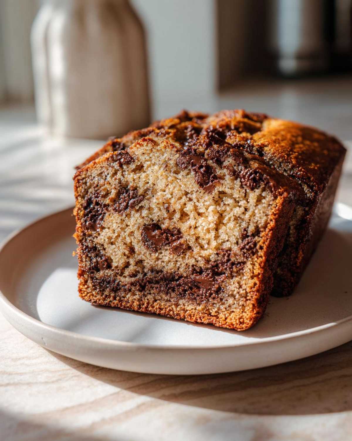 A close-up of a moist slice of peanut butter banana bread loaded with chocolate chips, resting on a plate.