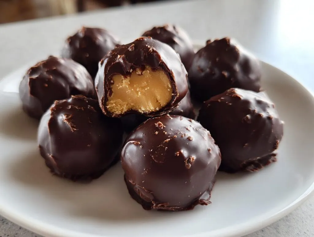 A pile of rich, dark chocolate covered peanut butter balls on a white plate, one is bitten open showing the creamy filling.
