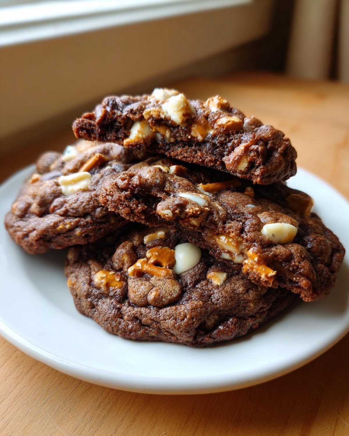 Close-up of rich, dark chocolate kitchen sink cookies stacked, showing white chocolate chips and pretzel pieces inside.