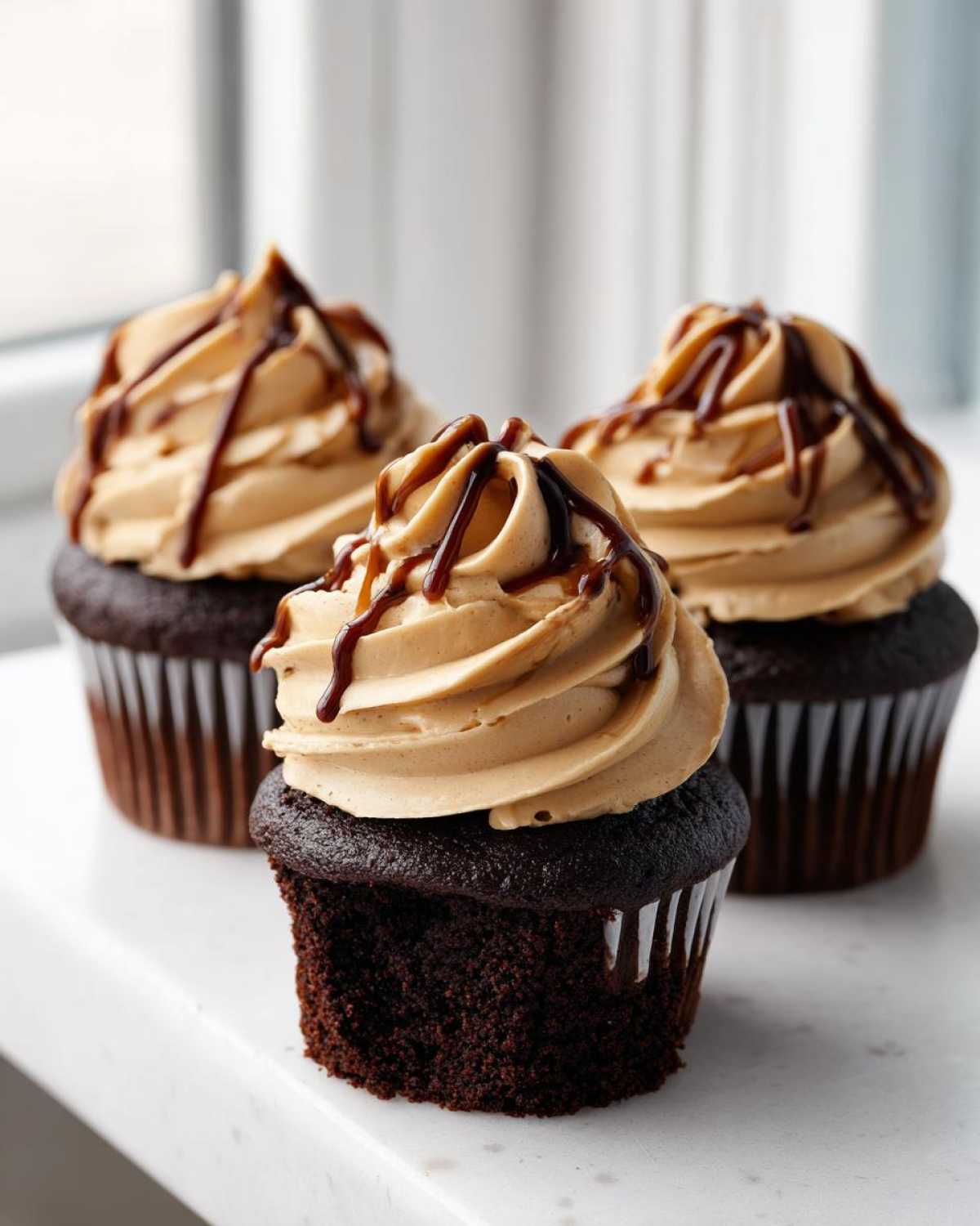 Three rich chocolate tiramisu cupcakes topped with light brown, swirled frosting and drizzled with dark chocolate syrup.