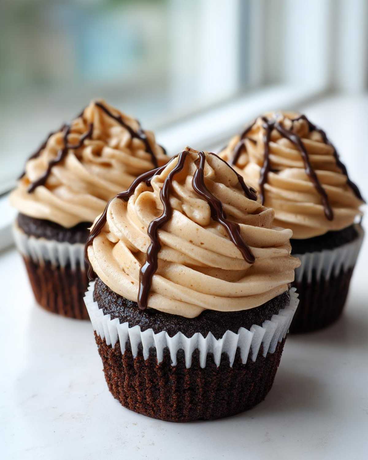 Three rich chocolate tiramisu cupcakes topped with light brown frosting and drizzled with dark chocolate.