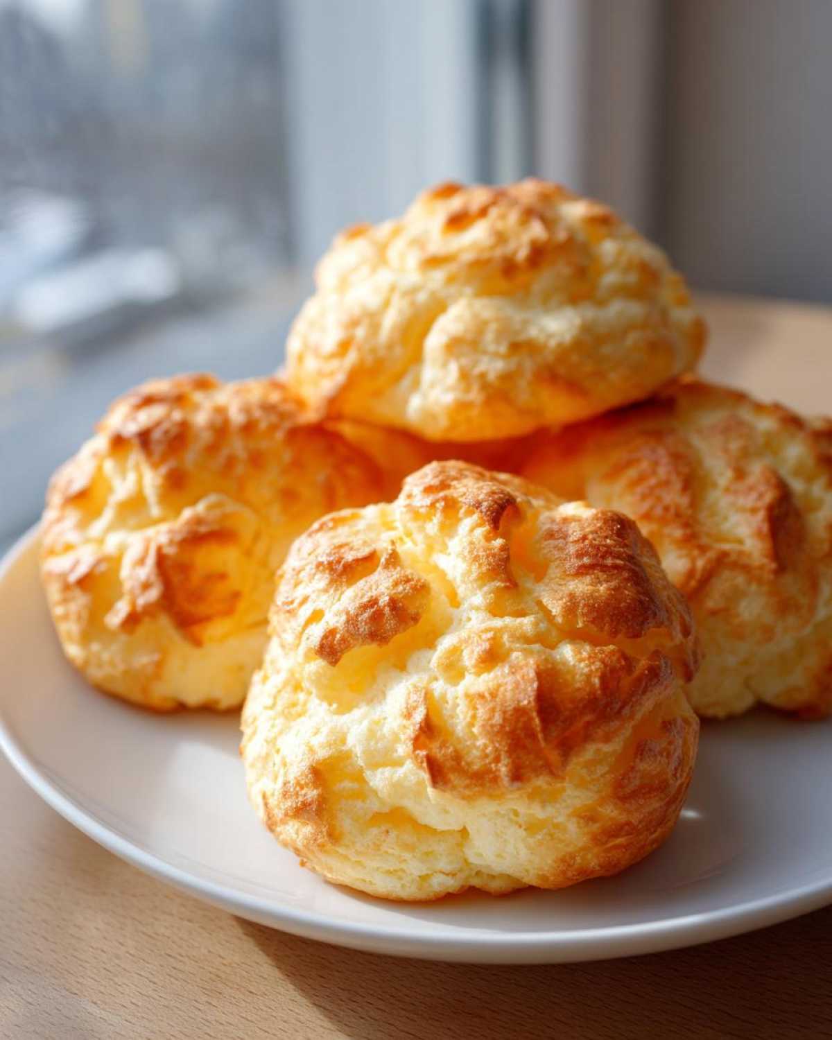 Four golden brown, fluffy cloud bread recipe puffs stacked slightly on a white plate near a window.