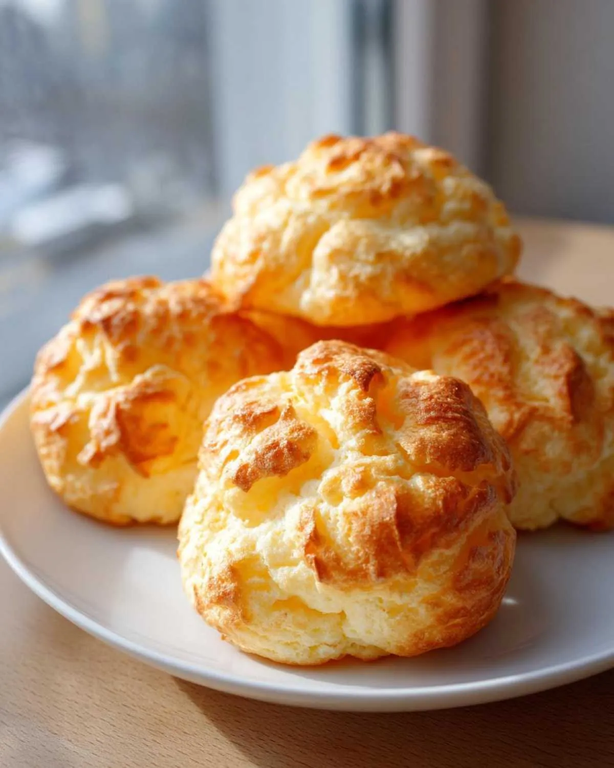 Four golden brown, fluffy cloud bread recipe puffs stacked slightly on a white plate near a window.