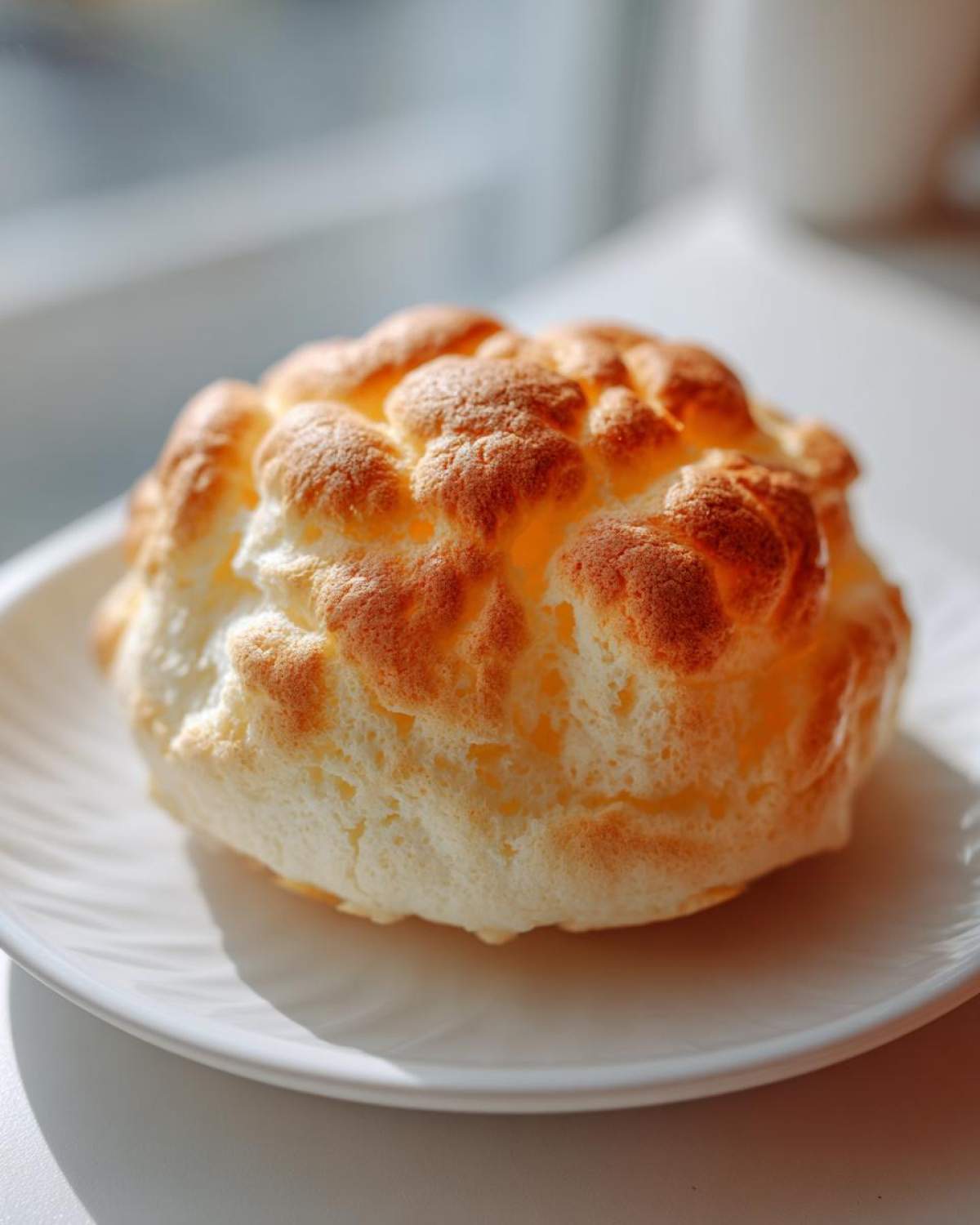 A single, fluffy, golden-brown cloud bread resting on a white plate, ready to eat.