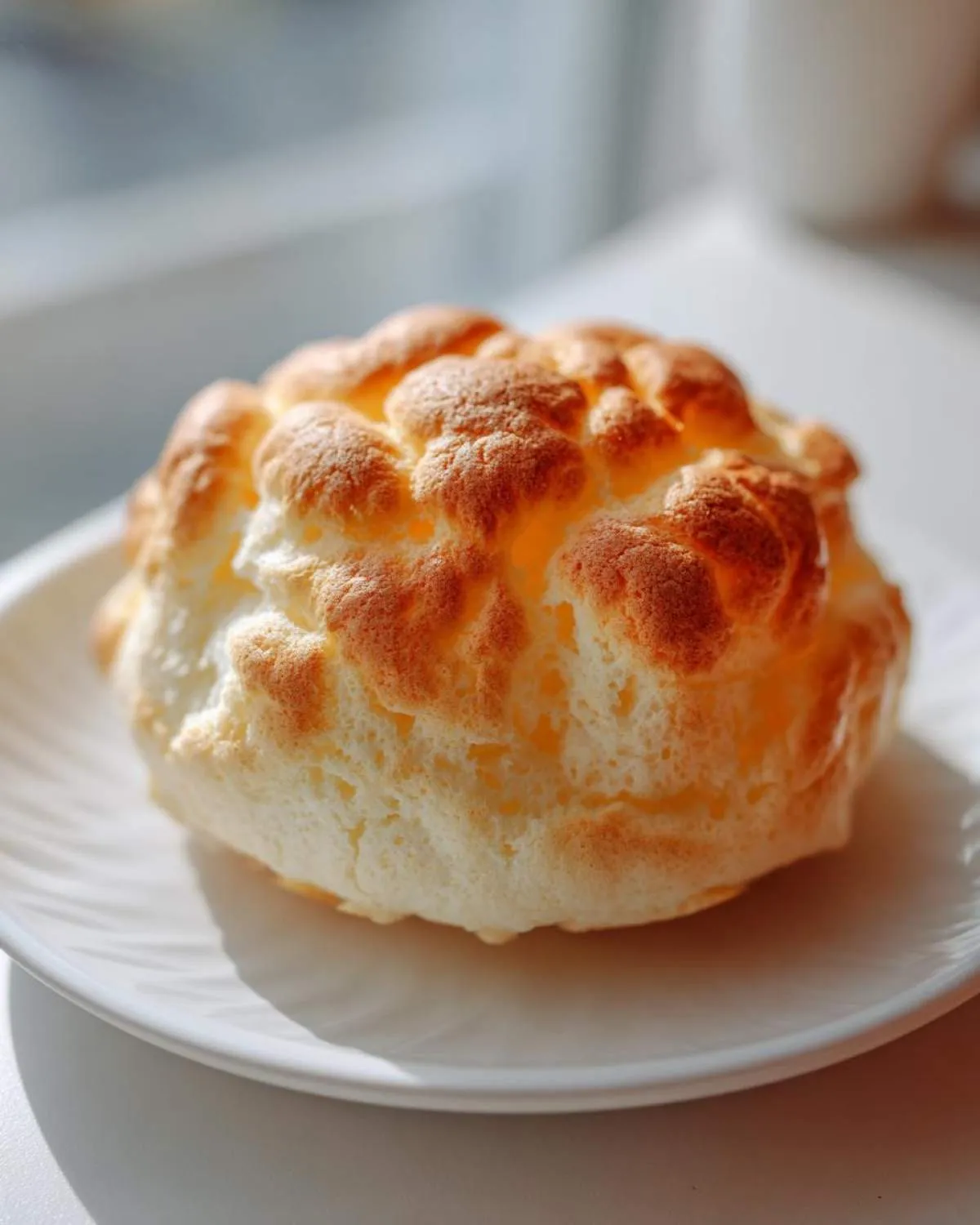 A single, fluffy, golden-brown cloud bread resting on a white plate, ready to eat.