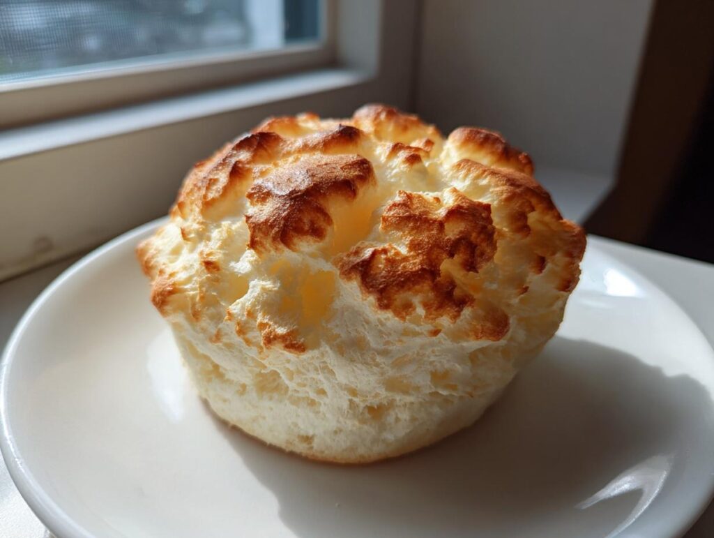 A single, fluffy, golden-brown cloud bread resting on a white plate near a window.