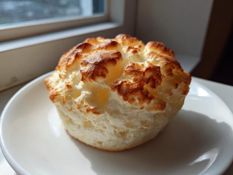 A single, fluffy, golden-brown cloud bread resting on a white plate near a window.
