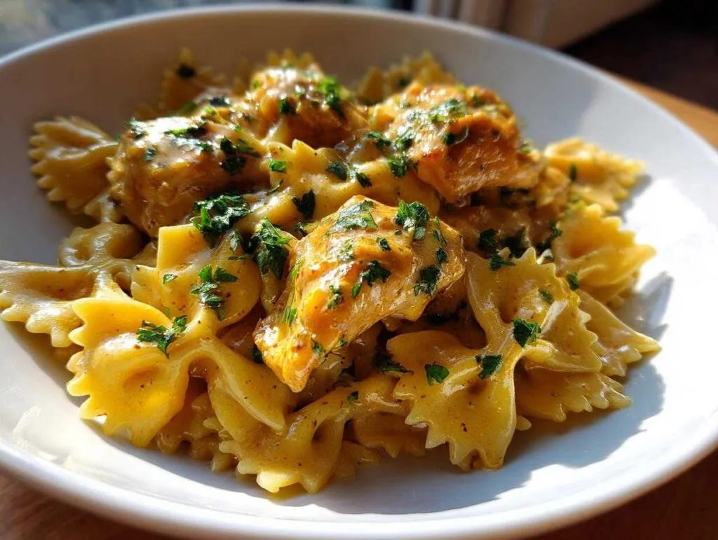 Close-up of cowboy butter lemon bowtie chicken served in a white bowl, topped with fresh parsley.