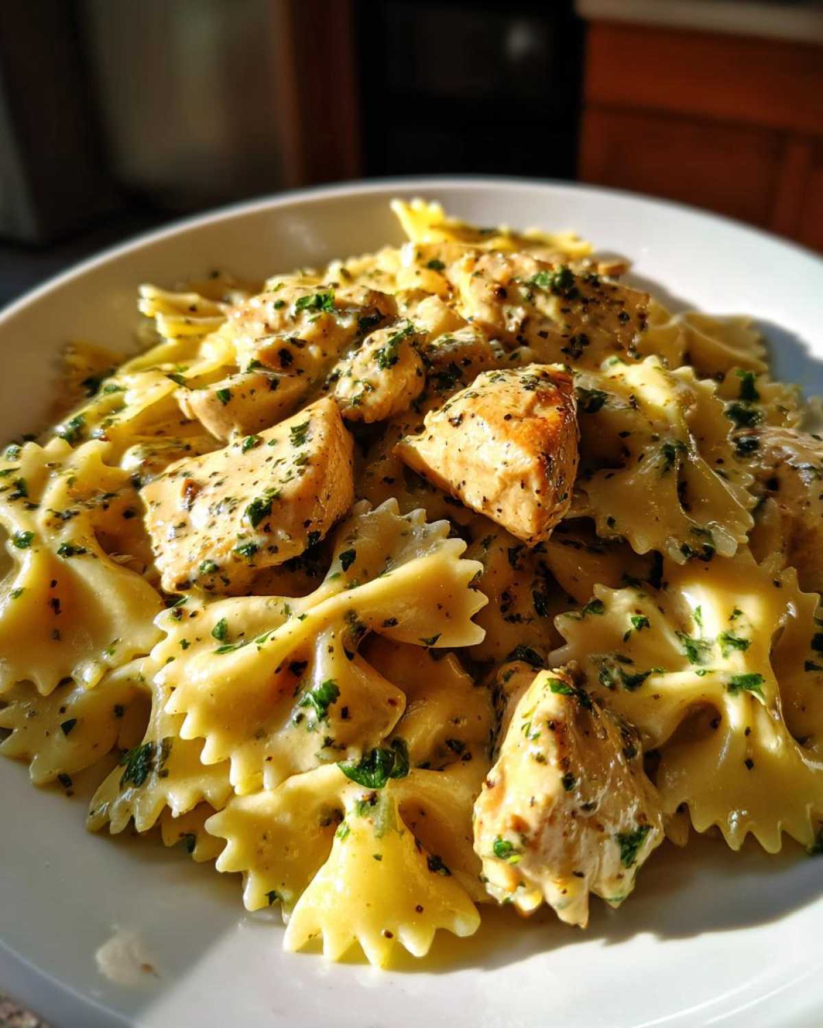 Close-up of cowboy butter lemon bowtie chicken served with farfalle pasta in a creamy, herb-flecked sauce.