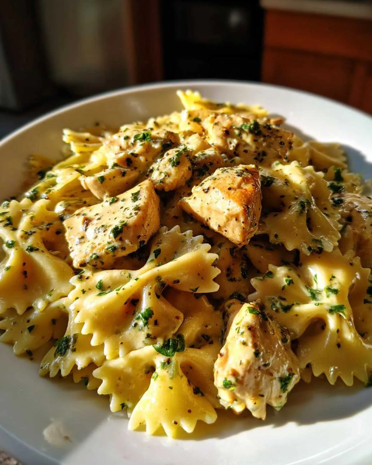 Close-up of cowboy butter lemon bowtie chicken served with farfalle pasta in a creamy, herb-flecked sauce.