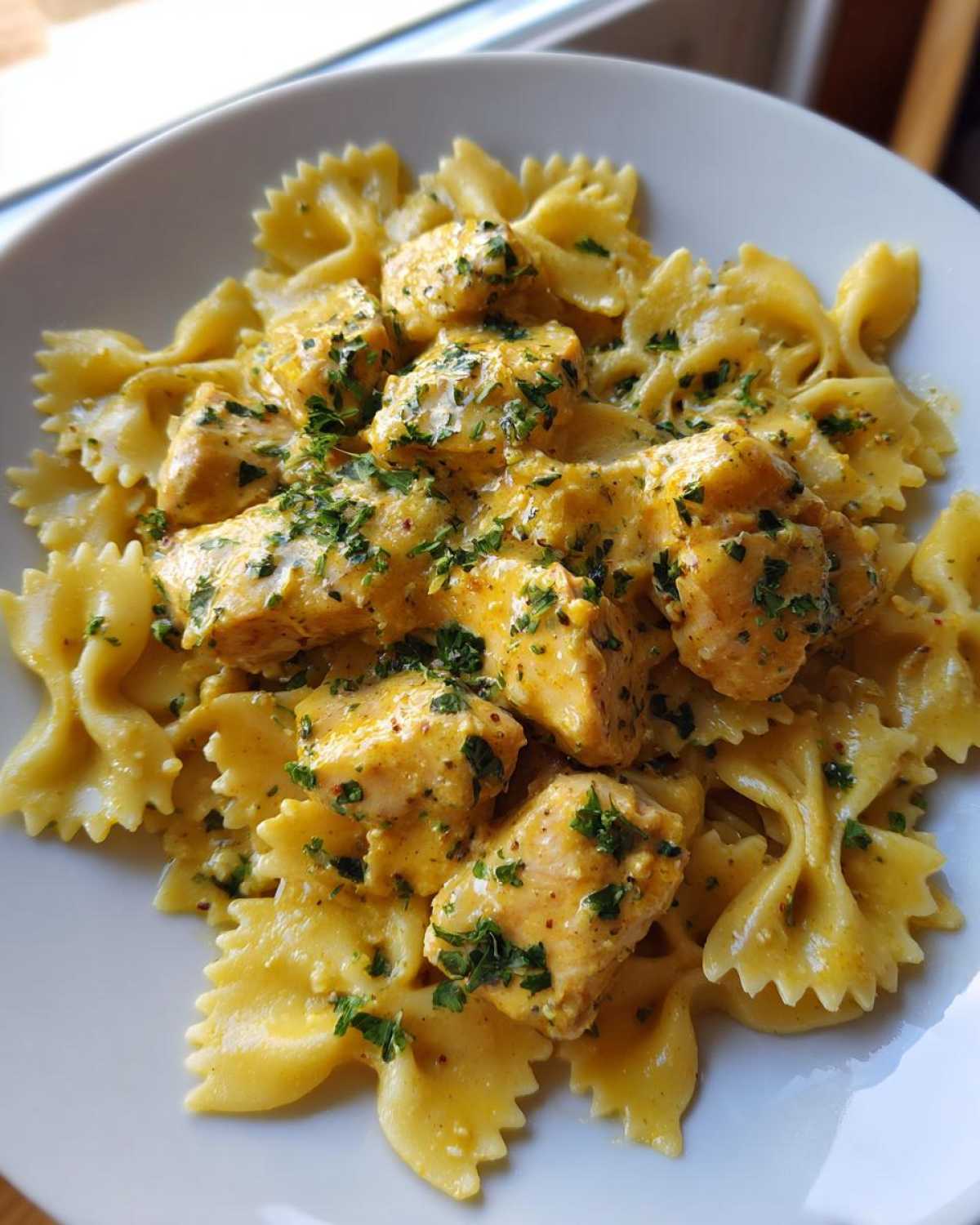 Close-up of cowboy butter lemon bowtie chicken served over farfalle pasta, garnished with parsley.