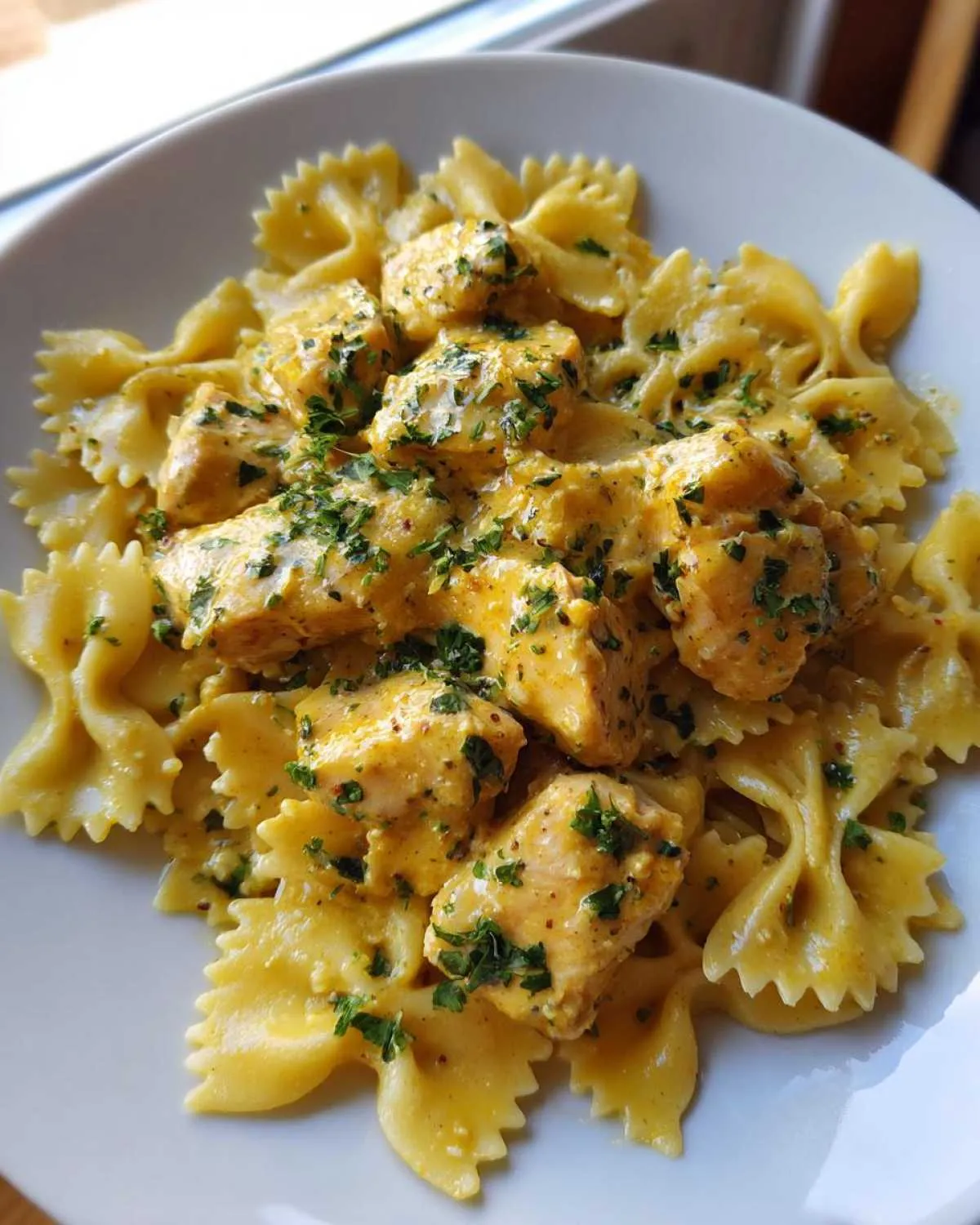 Close-up of cowboy butter lemon bowtie chicken served over farfalle pasta, garnished with parsley.