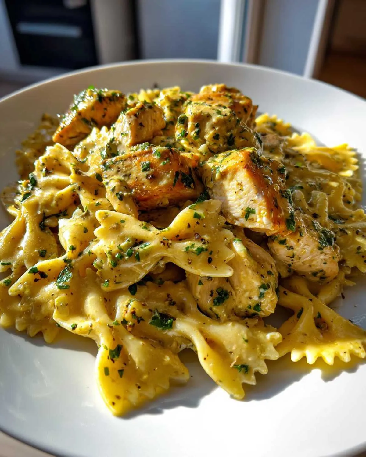 Close-up of creamy cowboy butter lemon bowtie chicken pasta topped with fresh parsley.