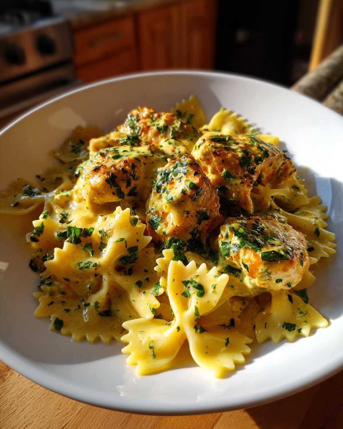Close-up of cowboy butter lemon bowtie chicken served over farfalle pasta in a rich, creamy sauce.