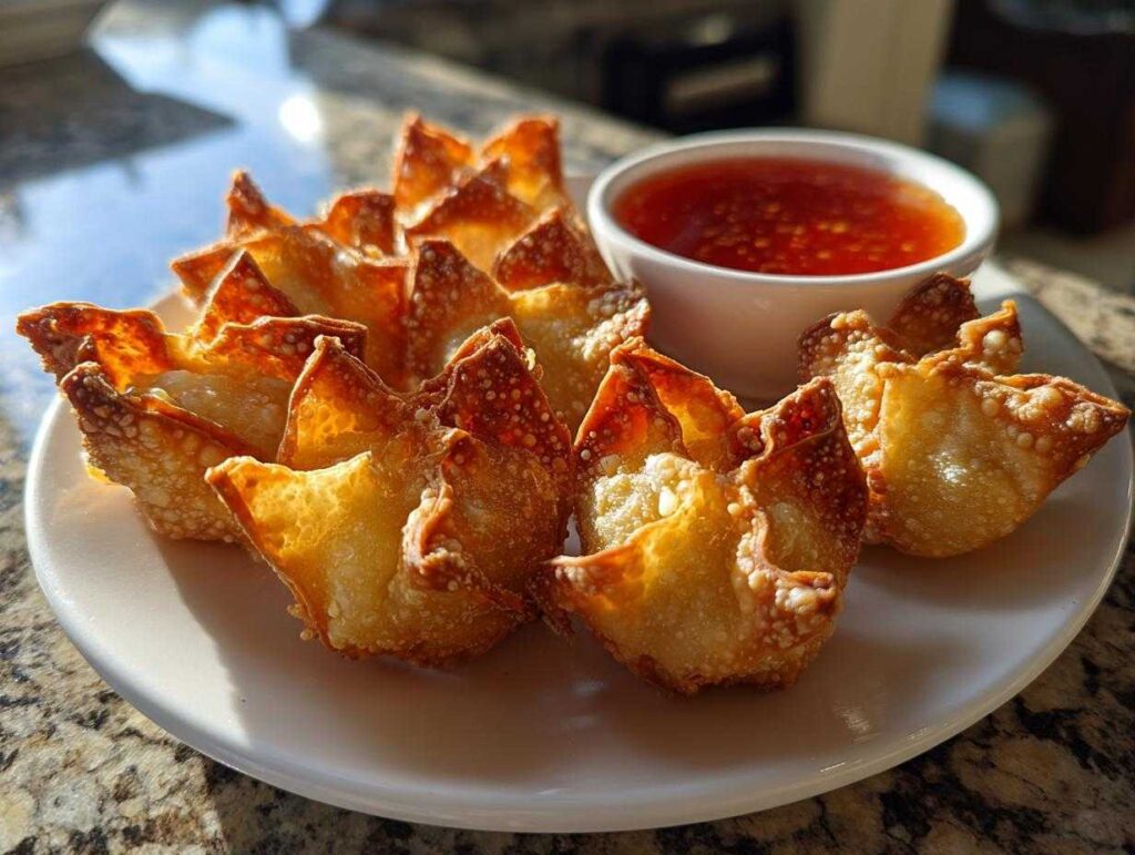 A plate of freshly fried, golden brown crab rangoon bombs served with a side of sweet chili dipping sauce.