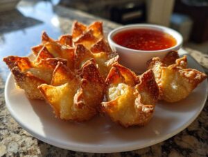 A plate of freshly fried, golden brown crab rangoon bombs served with a side of sweet chili dipping sauce.