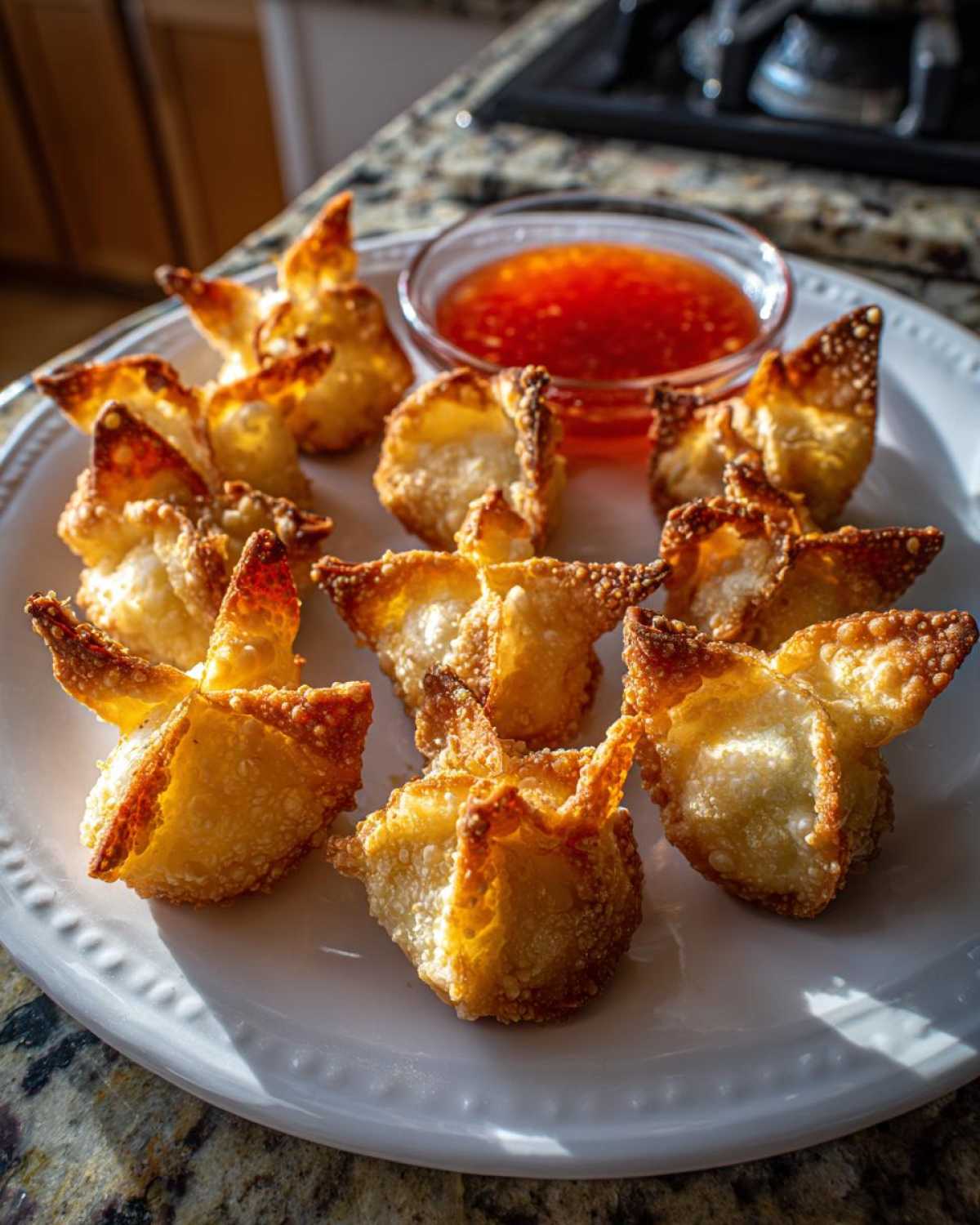 A plate of freshly fried, golden brown crab rangoon bombs served with a small bowl of sweet chili dipping sauce.