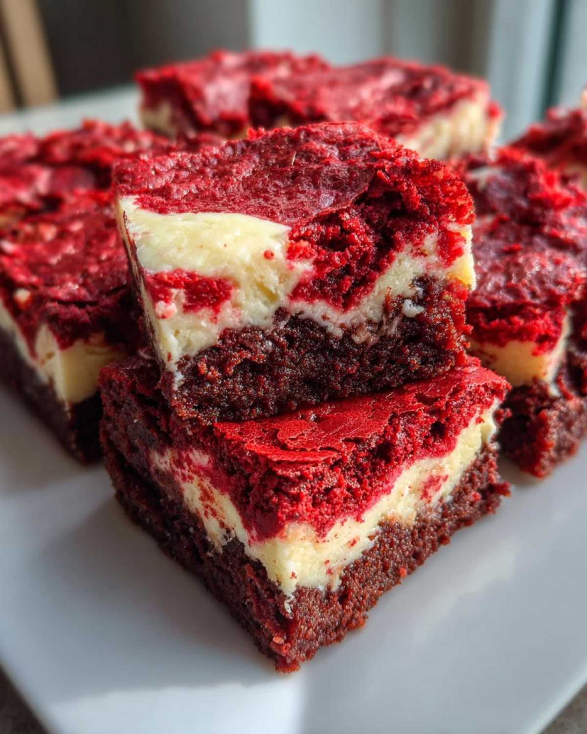 Close-up of stacked, rich red velvet brownie bites featuring a visible cream cheese swirl layer.