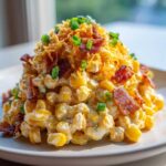 A close-up of a creamy corn salad topped with crispy bacon pieces, fried onions, and chopped green onions.