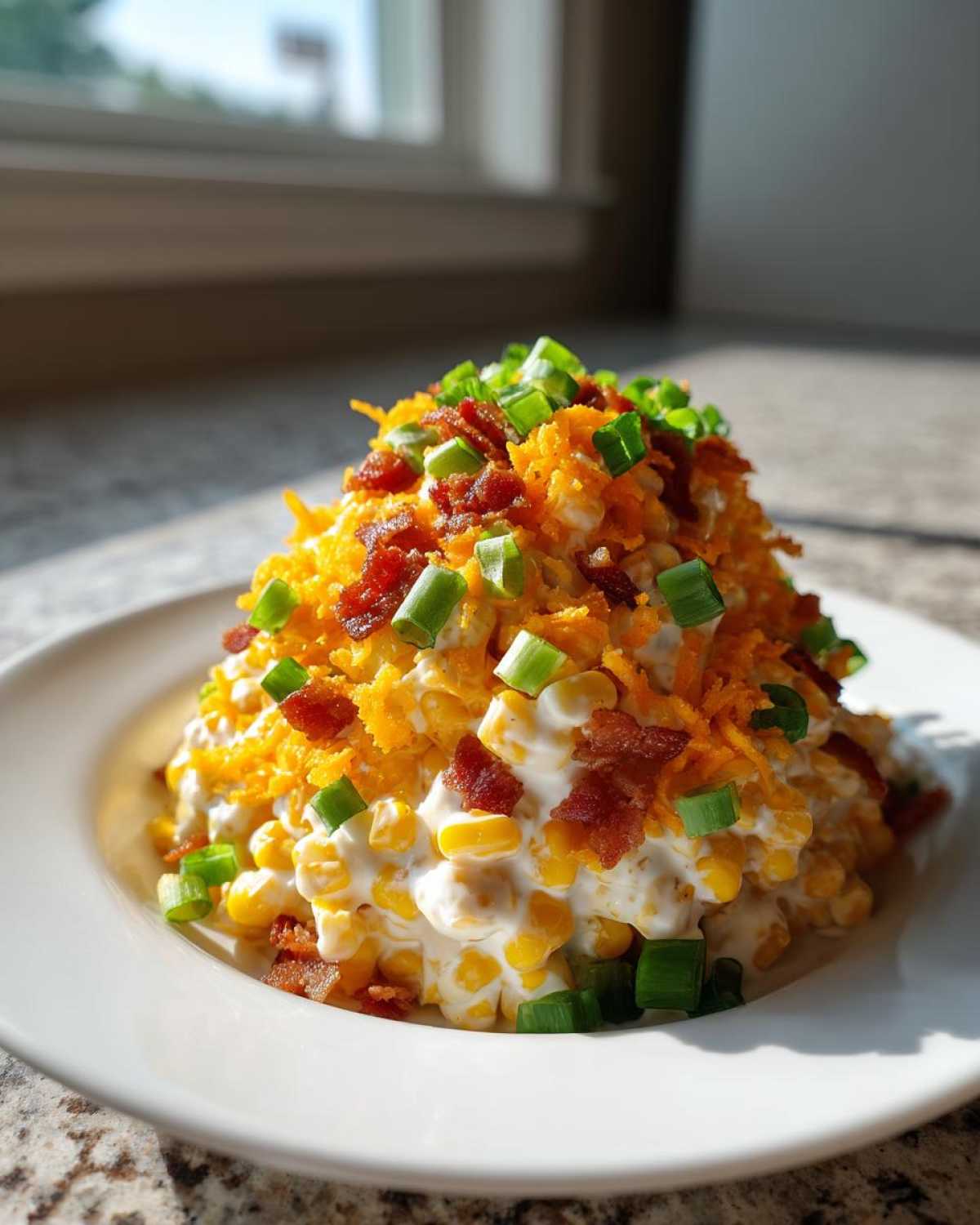 A mound of creamy corn salad topped with shredded cheddar cheese, crispy bacon bits, and sliced green onions.
