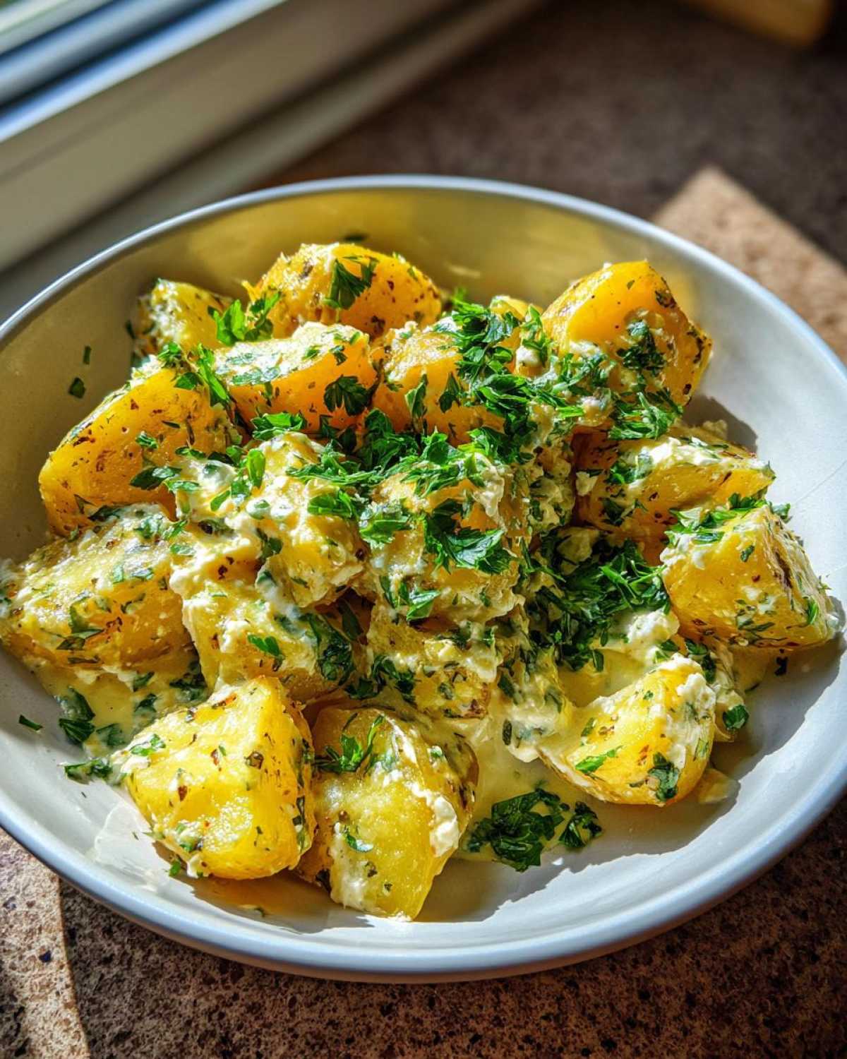 Close-up of a white bowl filled with golden baked feta potatoes coated in a creamy sauce and topped generously with fresh chopped parsley.