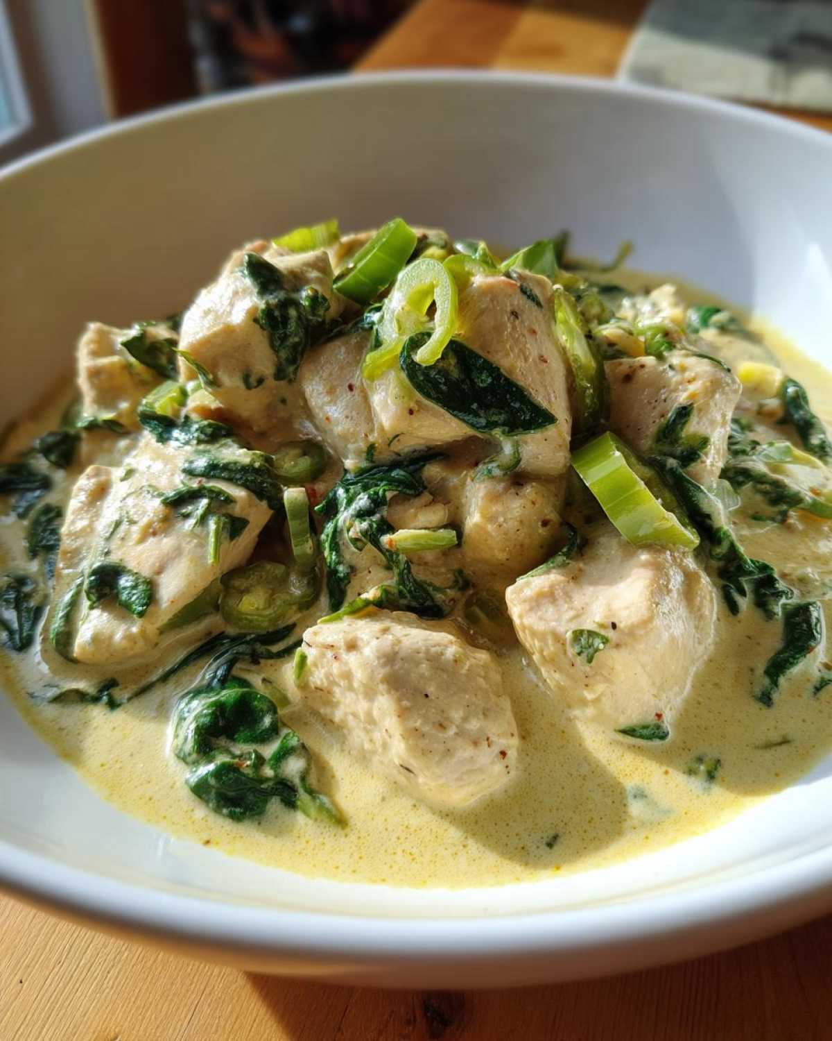 Close-up of creamy banana pepper chicken skillet chunks in a rich yellow sauce with wilted spinach and green pepper slices.
