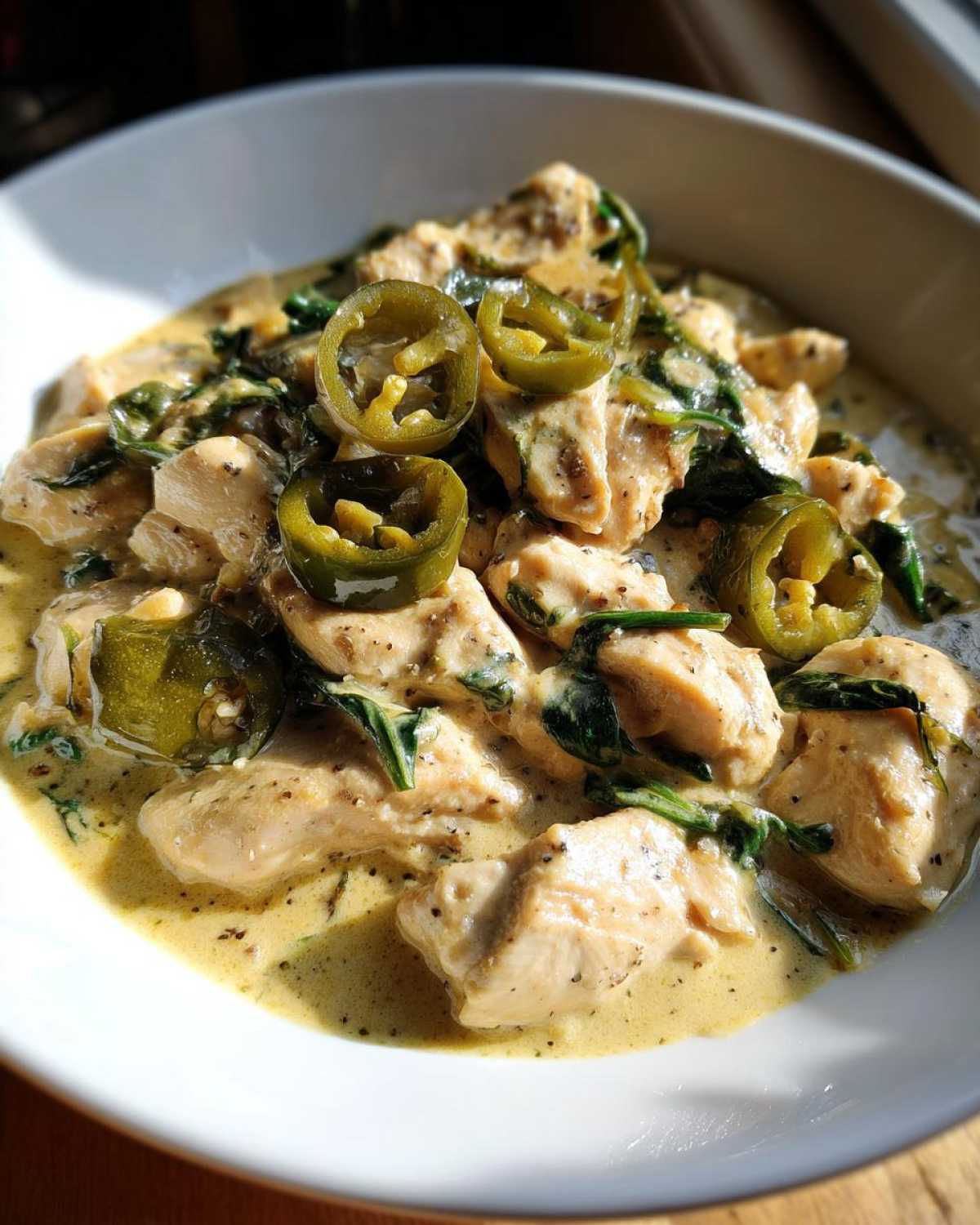 Close-up of creamy banana pepper chicken skillet pieces topped with sliced pickled banana peppers in a white bowl.