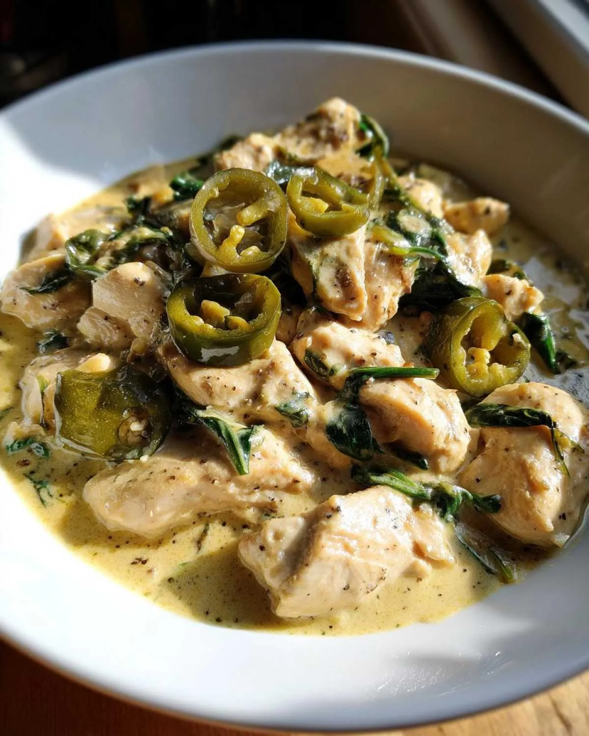 Close-up of creamy banana pepper chicken skillet pieces topped with sliced pickled banana peppers in a white bowl.