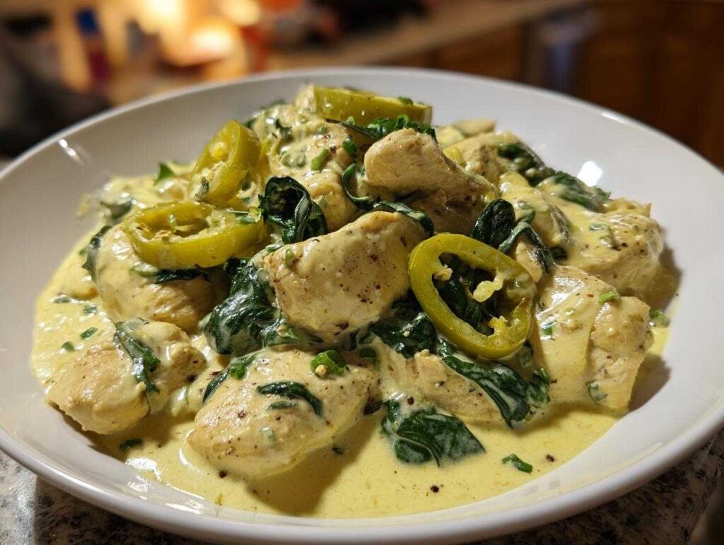 Close-up of creamy banana pepper chicken skillet pieces coated in yellow sauce with wilted spinach and sliced banana peppers.
