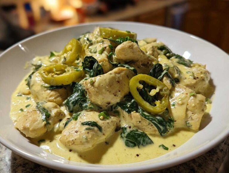 Close-up of creamy banana pepper chicken skillet pieces coated in yellow sauce with wilted spinach and sliced banana peppers.