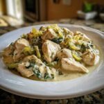 Close-up of creamy banana pepper chicken skillet featuring chunks of chicken, green peppers, and spinach in a rich sauce.