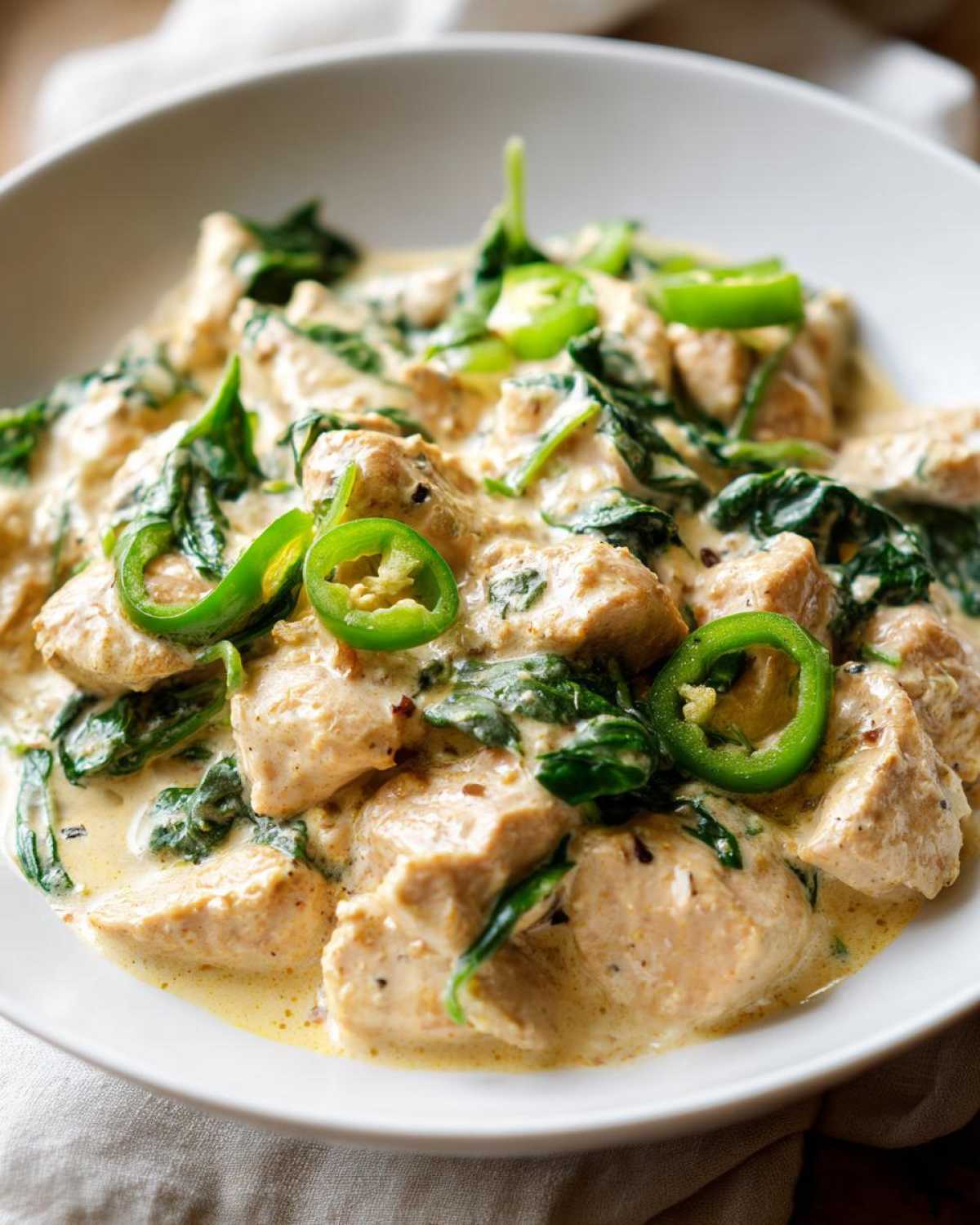 Close-up of creamy banana pepper chicken skillet with spinach and sliced green peppers in a white bowl.