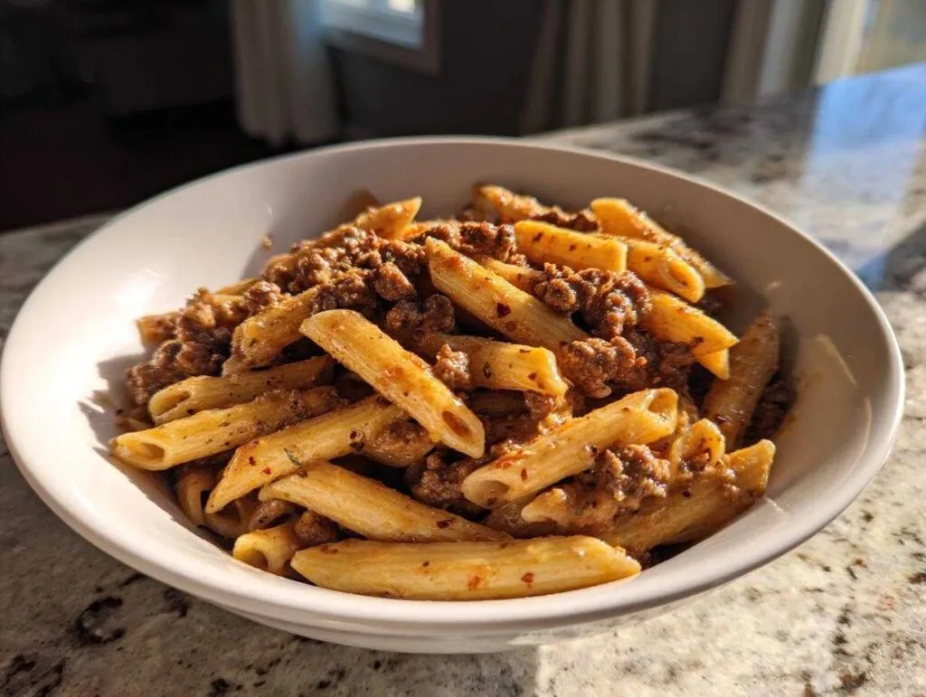 A close-up of creamy beef pasta made with penne noodles and ground beef sauce, served in a white bowl.