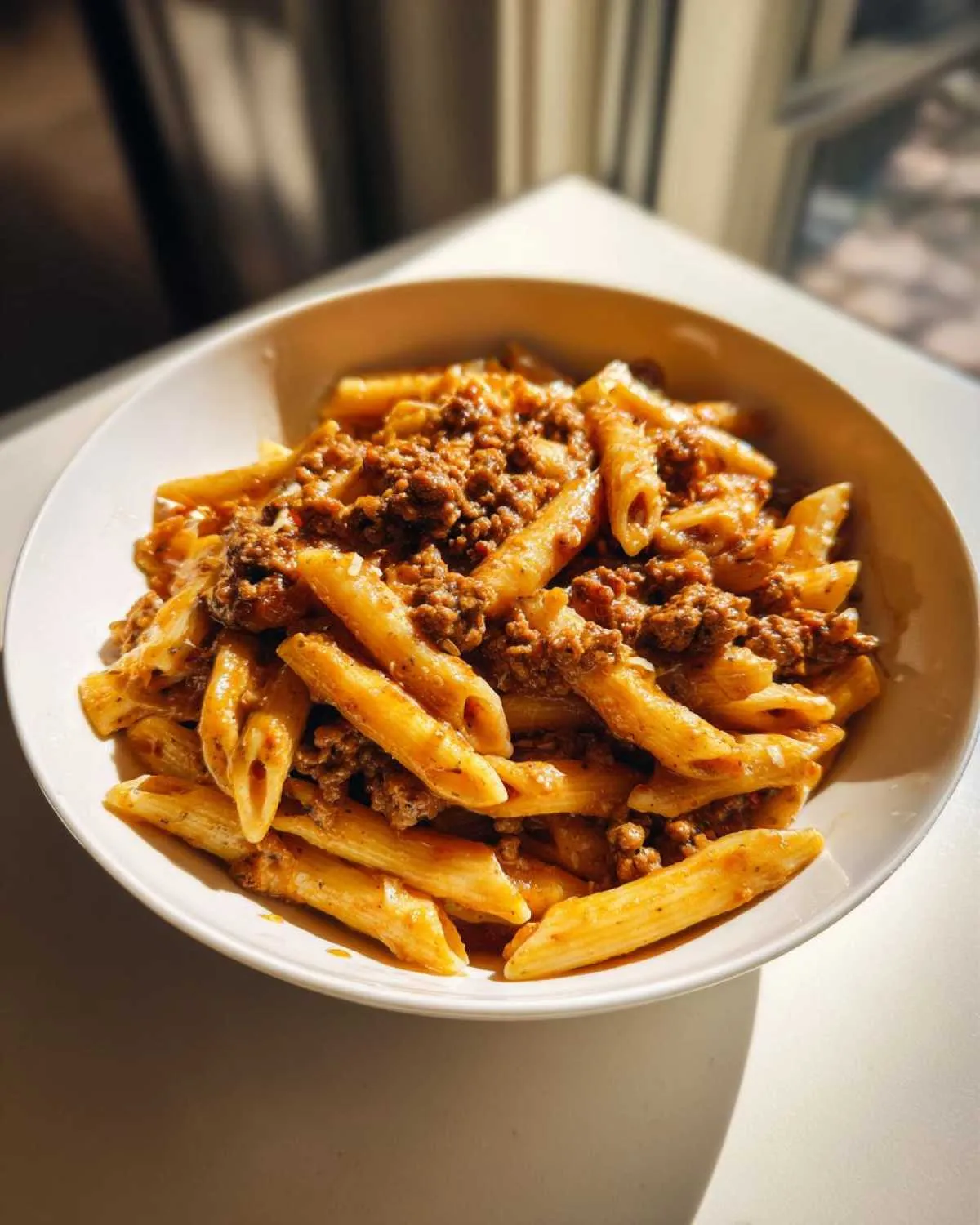 A close-up of a white bowl filled with creamy beef pasta made with penne noodles and rich meat sauce.