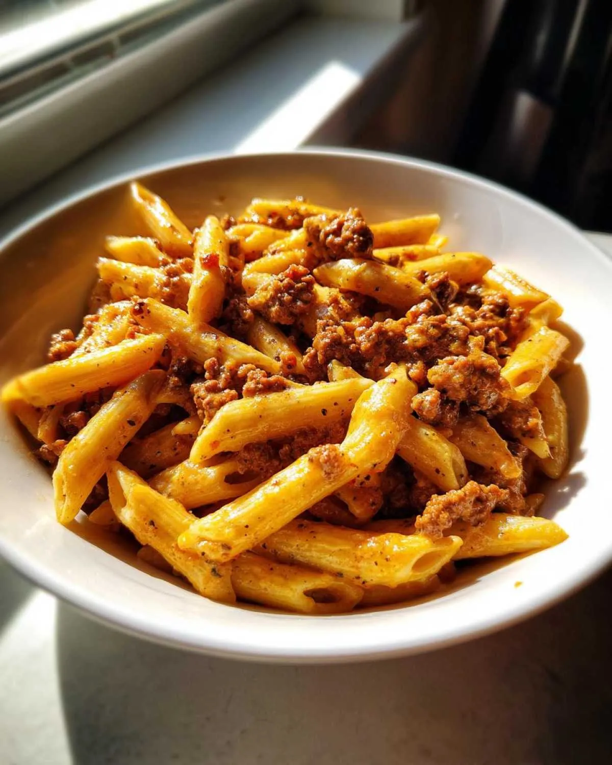 Close-up of a white bowl filled with creamy beef pasta made with penne noodles and ground meat sauce.
